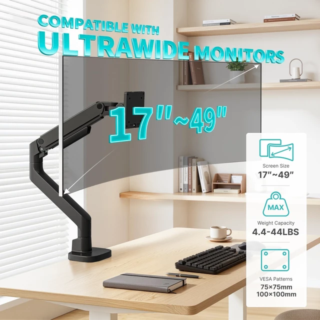Alt view image 2 of 5 - PEGZONE Single Monitor Arm for 17-49 Inch Curved Screens, Black