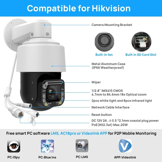 Alt view image 2 of 5 - VIKYLIN 4K 8MP POE IP PTZ Camera Outdoor 18x Optical Zoom,Wiper,