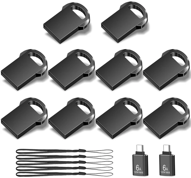 Main image of 4GB USB 2.0 Mini Metal Flash Drive, EASTBULL 10-Pack with USB-C Adapters