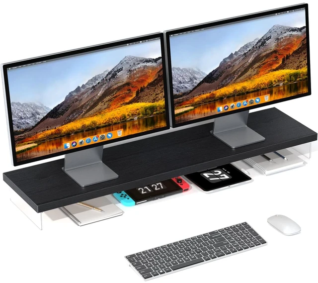 Main image of Dual Monitor Stand Riser, 40x10 in Wood & Acrylic Desktop Organizer Shelf