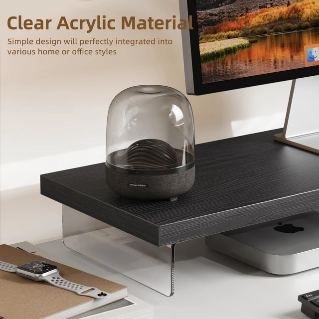 Alt view image 2 of 5 - Dual Monitor Stand Riser, 40x10 in Wood & Acrylic Desktop Organizer Shelf