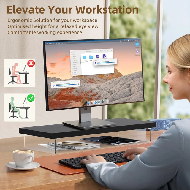 Alt view image 5 of 5 - Dual Monitor Stand Riser, 40x10 in Wood & Acrylic Desktop Organizer Shelf