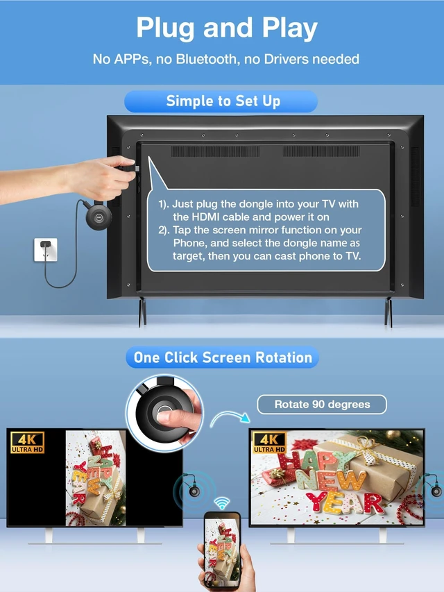 Alt view image 5 of 5 - 2026 Real 4K Wireless Display Adapter, True 4K Plug & Play 5G+2.4G HDMI Wireless Miracast AirPlay Dongle for iOS Android Windows macOS Smartphone Tablet Laptop to HDTV Monitor Projector