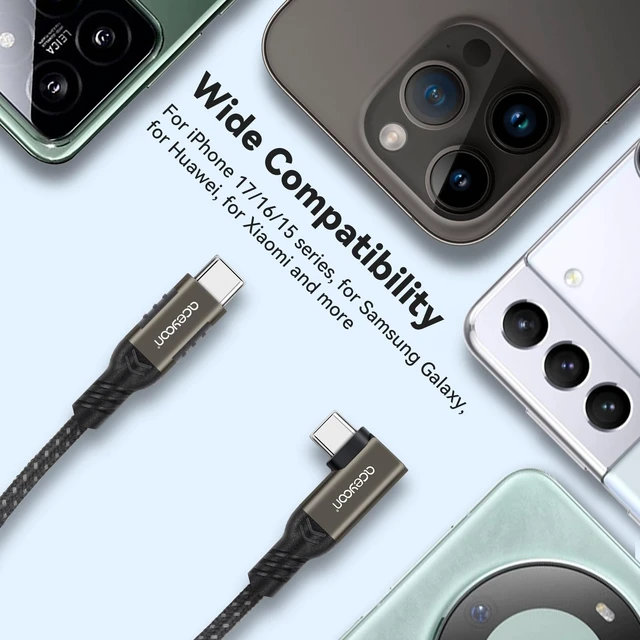 Alt view image 5 of 5 - aceyoon 2 Pack Right Angle USB C Cable1.6FT, 240W PD Fast Charging Cable, Nylon Braided USBC to C 90 Degree Short Charger Data Sync Cable for iPhone 17/16/15 Pro Max, Galaxy S24 S23, Type C Devices