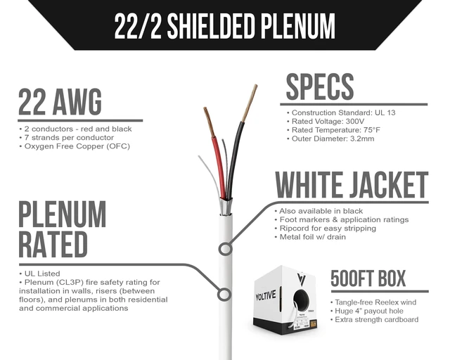 Alt view image 2 of 5 - Voltive 22/2 Shielded Low Voltage Wire, Plenum CL3P, White, 500ft - 22AWG, 2 Conductors, Overall Shield, Stranded Bare Copper, UL Listed - V-1252-1