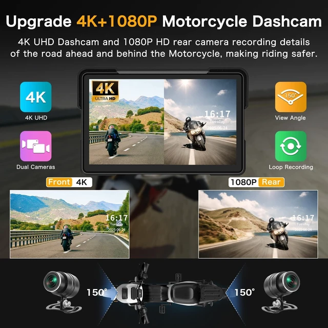 Alt view image 4 of 5 - 7inch Motorcycle CarPlay w 4K Dash Cam Carplay Motorcycle