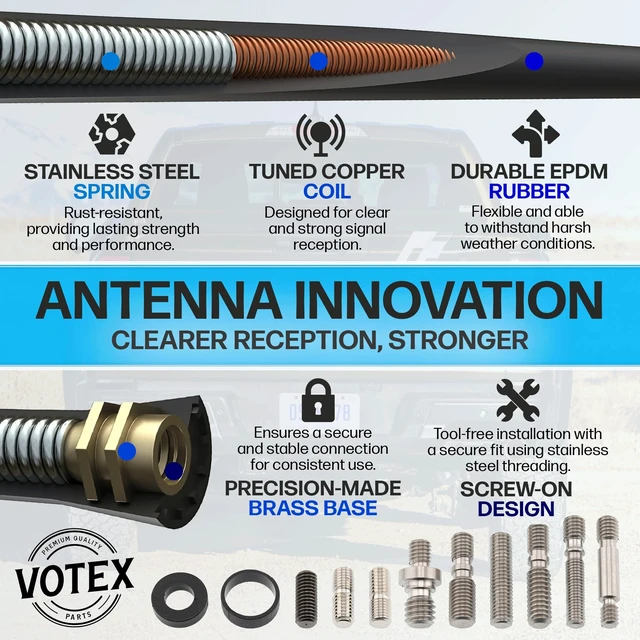 Alt view image 3 of 5 - Votex Universal 8" Short Rubber Black Antenna Kit - Flexible, Durable, Enhanced Signal Reception, Copper Coil, Stainless Steel Threading, Fits Cars, Trucks, SUVs, Easy Installation - SKU A194VOTEX