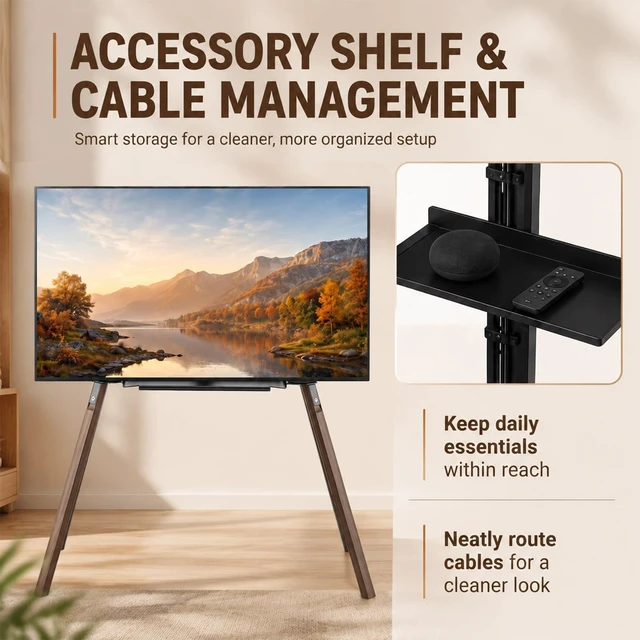 Alt view image 5 of 5 - ElaraBerry Easel TV Stand 32-70 Inch, 4-Leg Wooden Stand with Shelf