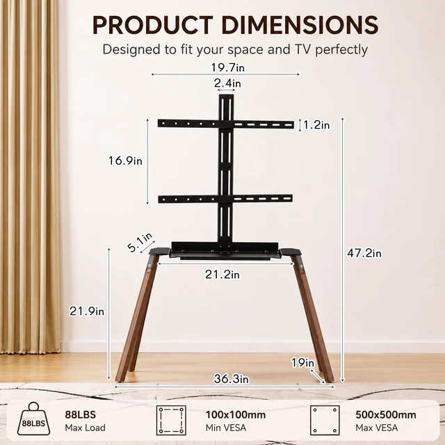 Alt view image 3 of 5 - ElaraBerry Easel TV Stand 32-70 Inch, 4-Leg Wooden Stand with Shelf