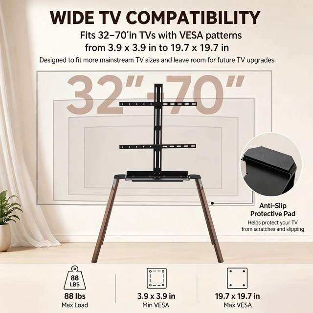 Alt view image 4 of 5 - ElaraBerry Easel TV Stand 32-70 Inch, 4-Leg Wooden Stand with Shelf