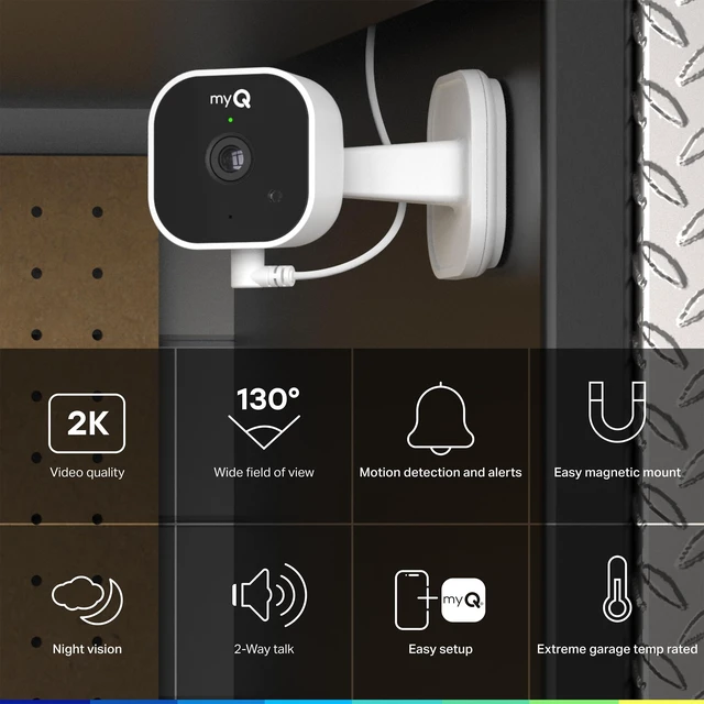 Alt view image 2 of 5 - myQ Garage Plug-in Camera Gen 2 2K Smart Wi-Fi Garage Camera with Night Vision, Wide-Angle Lens, 2-Way Audio, Magnetic Base & Motion Alerts, App Control Compatible with Your Garage Door Opener
