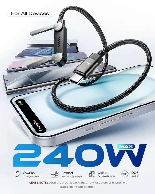 Alt view image 2 of 5 - USB C to USB C Cable, 240W Fast Charging Cable with Built-in Phone Stand