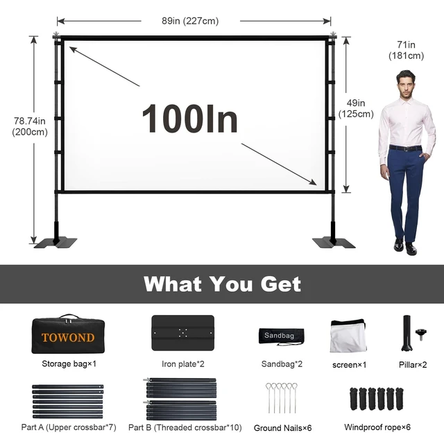 Alt view image 3 of 5 - TOWOND 100 inch Projector Screen with Stand, Outdoor Movie Screen for Backyard and Camping, 4K HD 16:9 Anti-Crease Portable with Carry Bag for Sports Viewing Parties - Support Double Sided
