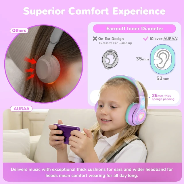 Alt view image 5 of 5 - iClever Noise Cancelling Headphones for Kids Bluetooth 75H Play LED Lights