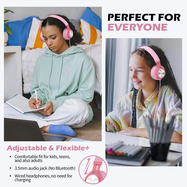 Alt view image 2 of 5 - Kids Wired Headphones with Mic for School Girls Women, 3.5mm Jack, Pink