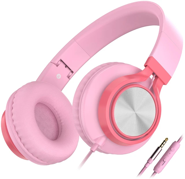 Main image of Kids Wired Headphones with Mic for School Girls Women, 3.5mm Jack, Pink