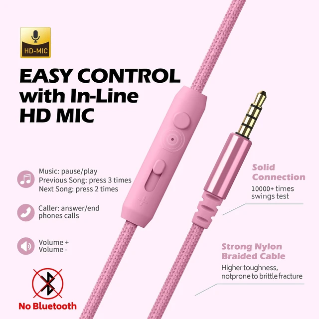Alt view image 4 of 5 - Kids Wired Headphones with Mic for School Girls Women, 3.5mm Jack, Pink