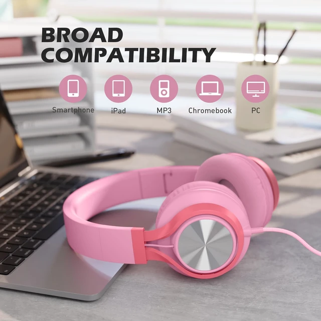 Alt view image 5 of 5 - Kids Wired Headphones with Mic for School Girls Women, 3.5mm Jack, Pink