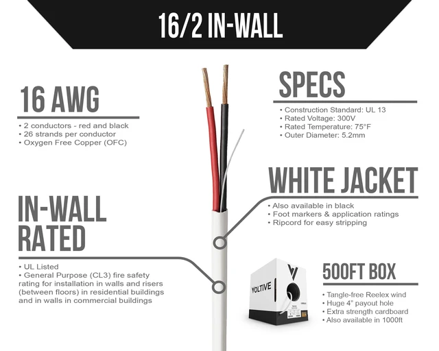 Alt view image 2 of 5 - Voltive 16/2 Speaker Wire, in-Wall CL3, White, 1000ft - 16AWG, 2 Conductors, Stranded Oxygen-Free Copper, UL Listed - V-1202-4