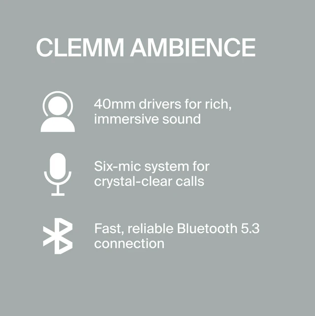 Alt view image 5 of 5 - Clemm Ambience Over-Ear Headphones, Active Noise Canceling & Transparency Mode, 65H Playtime, Bluetooth, 40mm Drivers, Built-in Mic, Memory Foam Earcups, Aux Cable Included, Graphite