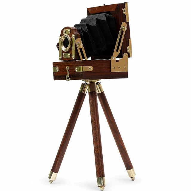 Main image of Vintage Film Camera Decor with Wooden Tripod Hollywood Studio Style Prop in Brown ^^ Antique Projector Collectible for Home Office Display & Video Shoots