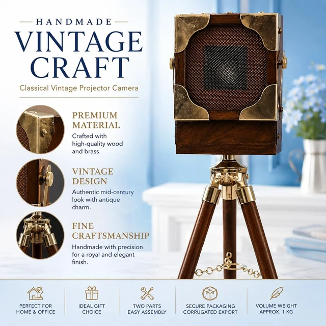 Alt view image 4 of 5 - Vintage Film Camera Decor with Wooden Tripod Hollywood Studio Style Prop in Brown ^^ Antique Projector Collectible for Home Office Display & Video Shoots