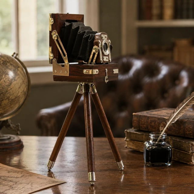 Alt view image 2 of 5 - Vintage Film Camera Decor with Wooden Tripod Hollywood Studio Style Prop in Brown ^^ Antique Projector Collectible for Home Office Display & Video Shoots