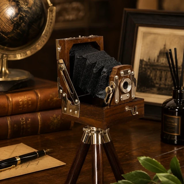 Alt view image 5 of 5 - Vintage Film Camera Decor with Wooden Tripod Hollywood Studio Style Prop in Brown ^^ Antique Projector Collectible for Home Office Display & Video Shoots