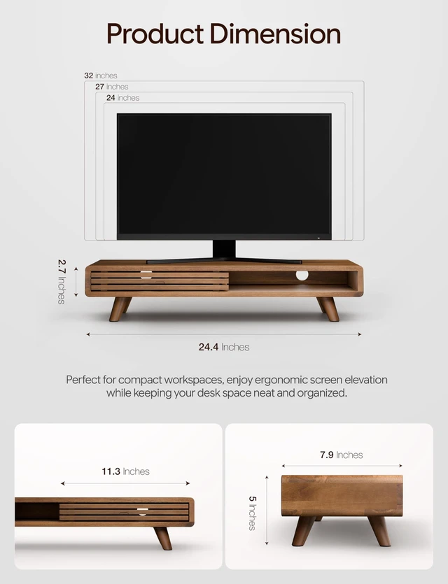 Alt view image 2 of 5 - Tinamo 24" Wood Monitor Stand Riser with Sliding Door and Cable Management