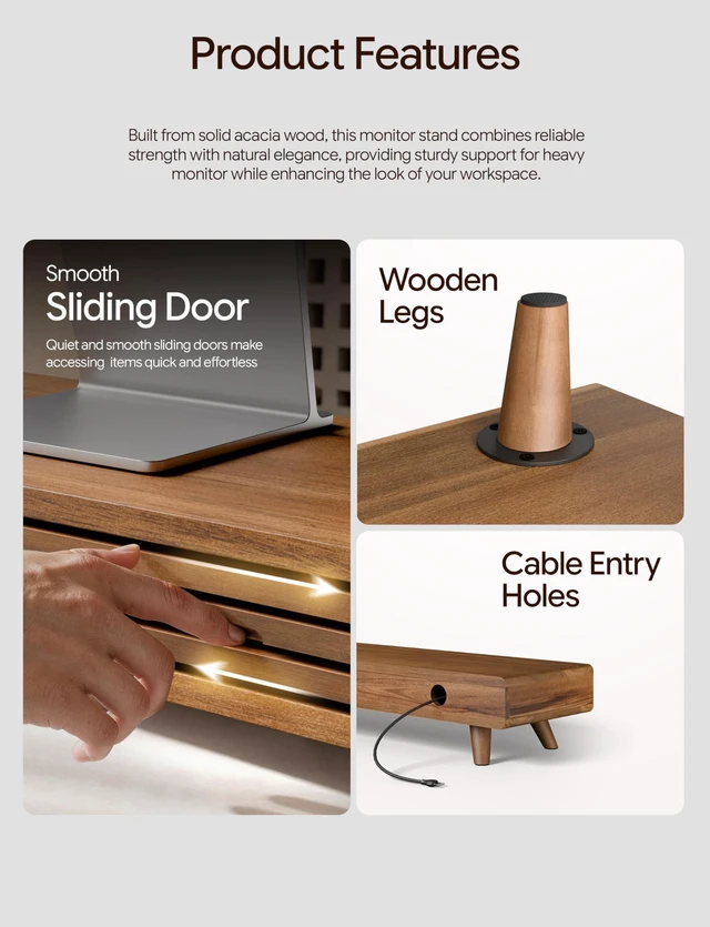 Alt view image 3 of 5 - Tinamo 24" Wood Monitor Stand Riser with Sliding Door and Cable Management