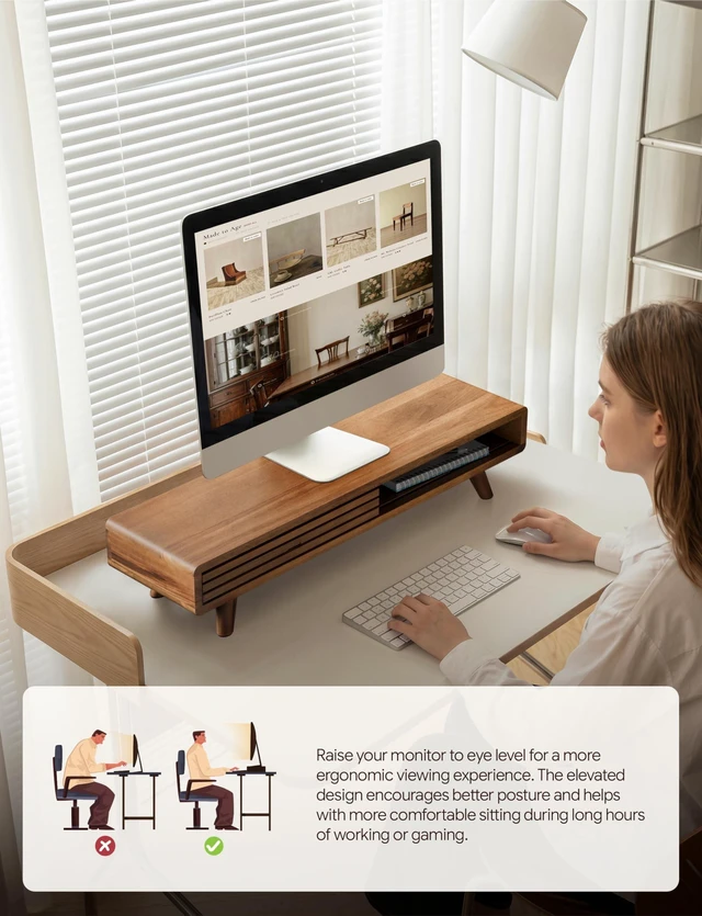 Alt view image 5 of 5 - Tinamo 24" Wood Monitor Stand Riser with Sliding Door and Cable Management