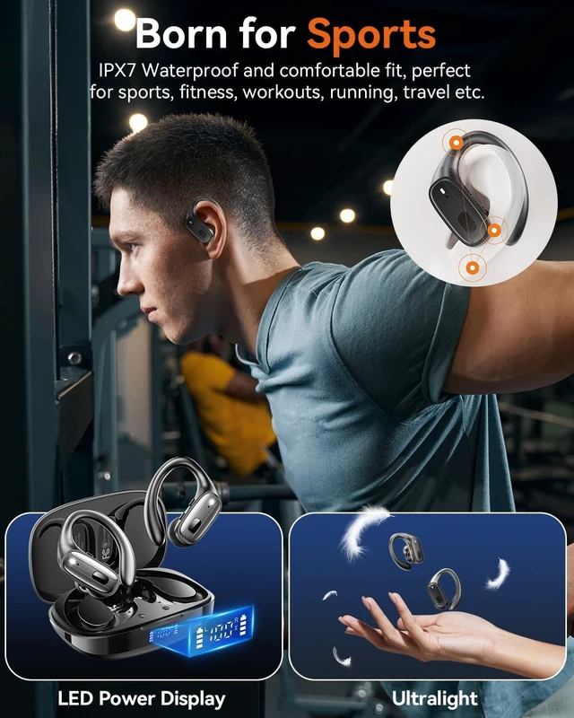 Alt view image 2 of 5 - Wireless Earbuds, Sports Bluetooth 5.4 Headphones, Ear Buds with ENC Noise Canceling Mic, 80Hr Playtime Earphones, Palm-Sized, LED Power Display, IPX7 Waterproof Headset for Workout Running, Ca
