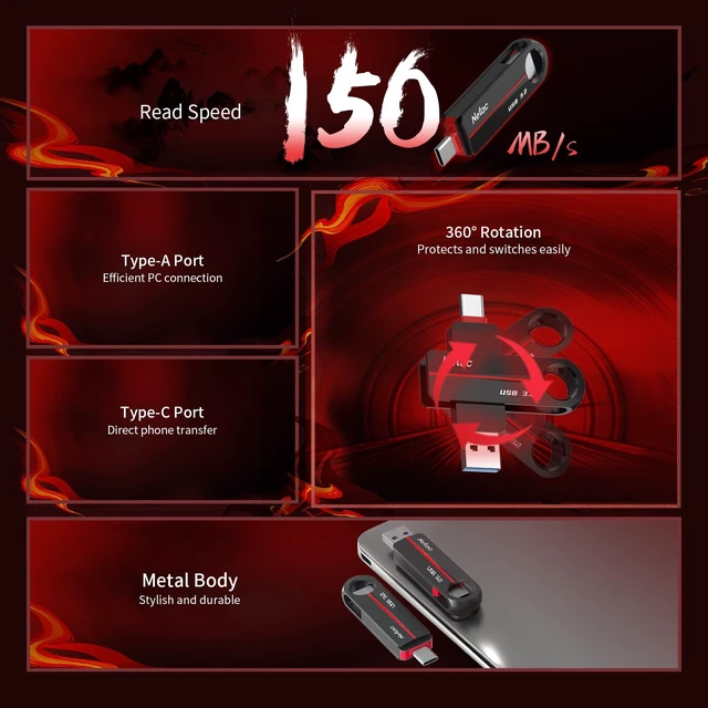 Alt view image 3 of 5 - Netac US18 128GB USB 3.2 Flash Drive, Up to 150MB/s, Dual Port Thumb Drive for Data Storage, Pen Drive with Swivel Design, Memory Stick for External Storage Data/Computer/PC/Laptop/Sound