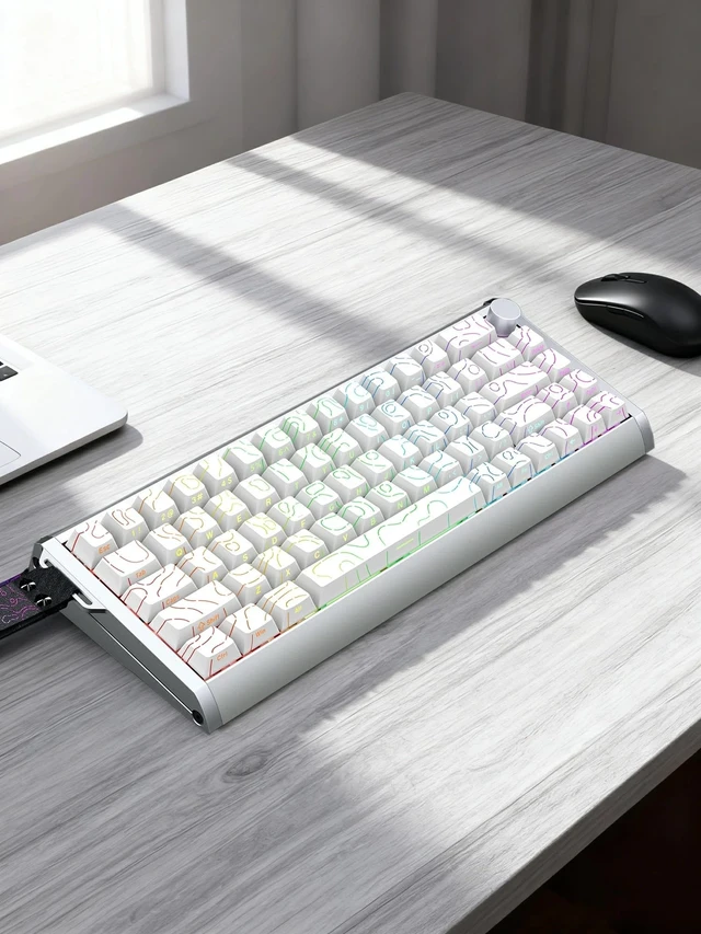 Alt view image 2 of 5 - Glacier Skyloong GK68HEAT Aluminum Case, Triple Mode Connection, Detachable USB-C, Side Print Keycaps, Hot Swappable Mechanical and Magnetic Keyboard (Contour Line/White, Premium Aviator Cable)
