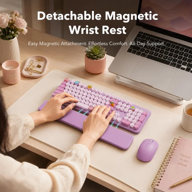 Alt view image 2 of 5 - Wireless Keyboard and Mouse, Round Keycaps, Magnetic Wrist Rest, Lilac