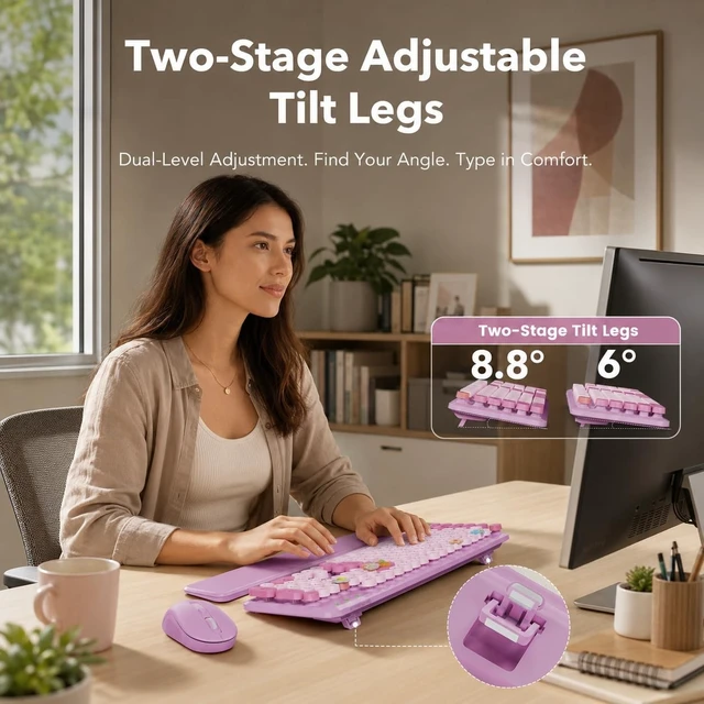 Alt view image 3 of 5 - Wireless Keyboard and Mouse, Round Keycaps, Magnetic Wrist Rest, Lilac