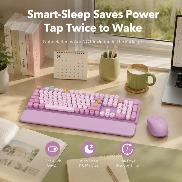 Alt view image 5 of 5 - Wireless Keyboard and Mouse, Round Keycaps, Magnetic Wrist Rest, Lilac