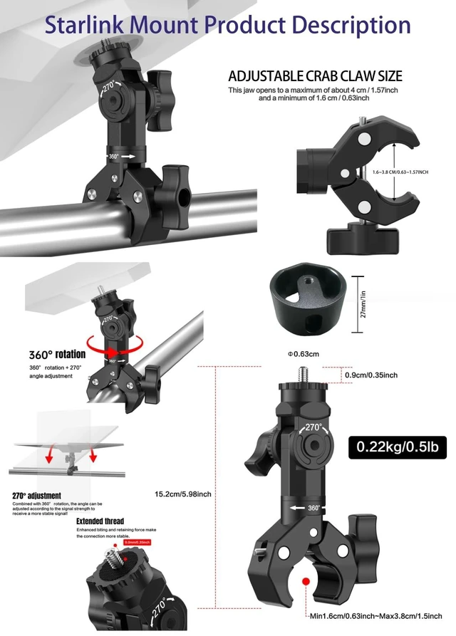 Alt view image 3 of 5 - Starlink Mini Mount Clamp, Adjustable Pole Bracket with Pipe Adapter for RV