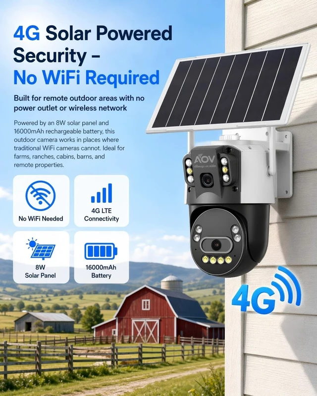 Alt view image 2 of 5 - JideTech 4G LTE Solar Security Camera, Dual Lens 6MP PTZ Outdoor, 8W Solar Panel, 16000mAh Battery, AOV(Always-On Video), Colour Night Vision, AI Human Detection, Two-Way Audio (No WiFi)