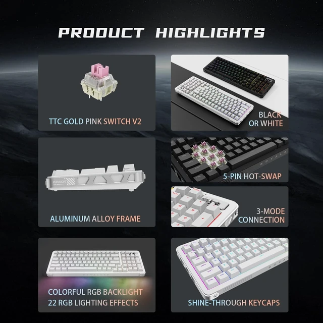 Alt view image 3 of 5 - ROYALAXE Compute Keyboard, Wireless Gaming Keyboard with Triple Mode