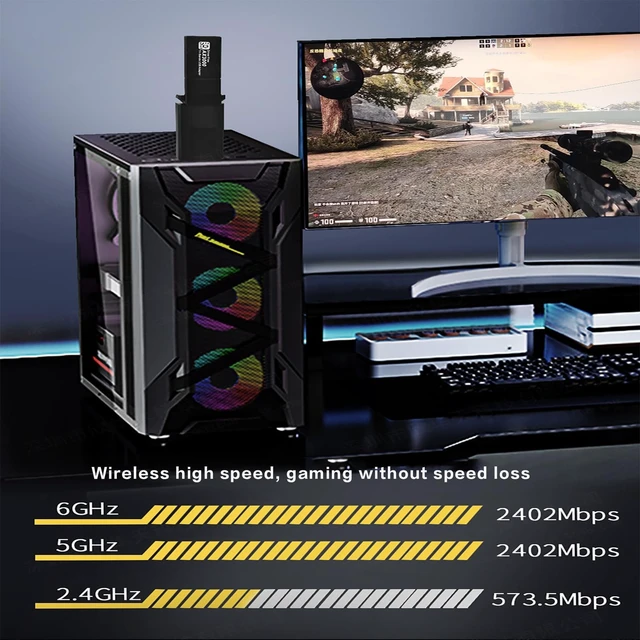 Alt view image 5 of 5 - Gaming USB WiFi Adapter for PC, Tri-Band WiFi 6E Wireless Network Dongle