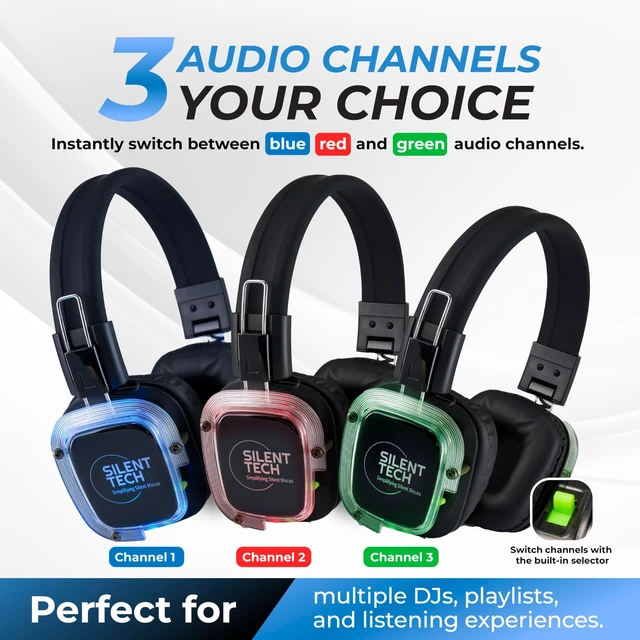 Alt view image 2 of 5 - Silent Tech Silent Disco Headphones RF309 Wireless 3 Channel Silent Disco Headset Compatible with TX-50-RF & TX-60-RF Transmitters Foldable Rechargeable RGB LED Party Headphones