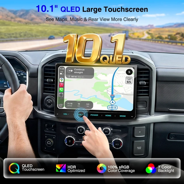 Alt view image 2 of 5 - 10.1" QLED Double DIN Car Stereo with Wireless CarPlay and Android Auto