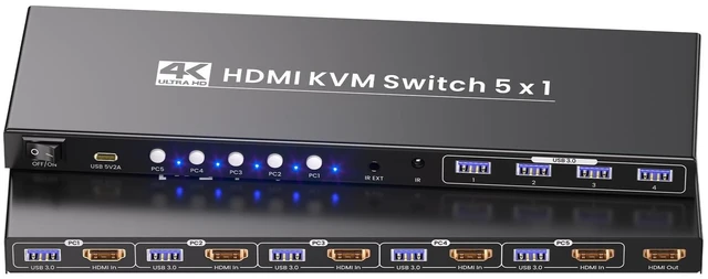 Main image of 5 Port HDMI KVM Switch, 4K@60Hz USB 3.0 KVM Switch 1 Monitor 5 Computers for Operating 5 PCs with One Keyboard, Mouse and Monitor