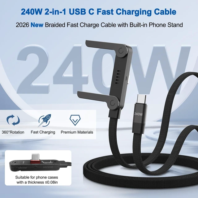 Alt view image 2 of 5 - Mitesbony 3Pack 5FT 240W USB C to USB C Cable with Built-in Phone Stand