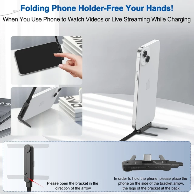 Alt view image 4 of 5 - Mitesbony 3Pack 5FT 240W USB C to USB C Cable with Built-in Phone Stand
