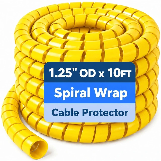 Main image of Spiral Wrap Hose Protector 1.25" OD x 10 FT, Heavy Duty Hydraulic Hose Wrap, Yellow Flexible HDPE Cable Protector Sleeve for Hydraulic Hoses, Wire Harnesses & Automotive Cables