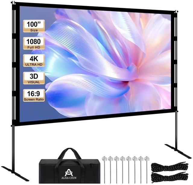 Main image of 100 Inch Portable Projector Screen with Stand,16:9 4K HD Anti-Crease Projection Screen,Indoor Outdoor Movie Screen with Carry Bag,Wind Ropes & Ground Stakes for Backyard Camping Travel Home Theater