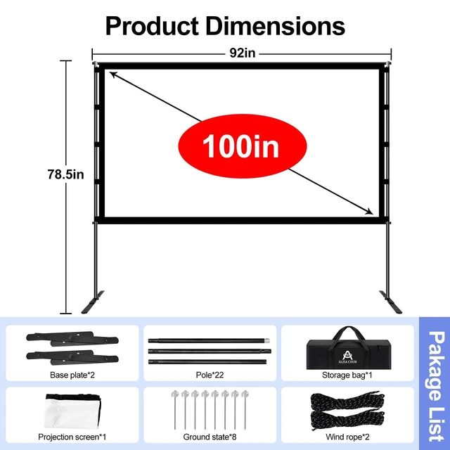Alt view image 2 of 5 - 100 Inch Portable Projector Screen with Stand,16:9 4K HD Anti-Crease Projection Screen,Indoor Outdoor Movie Screen with Carry Bag,Wind Ropes & Ground Stakes for Backyard Camping Travel Home Theater
