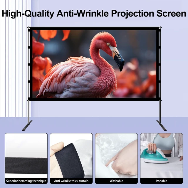 Alt view image 4 of 5 - 100 Inch Portable Projector Screen with Stand,16:9 4K HD Anti-Crease Projection Screen,Indoor Outdoor Movie Screen with Carry Bag,Wind Ropes & Ground Stakes for Backyard Camping Travel Home Theater